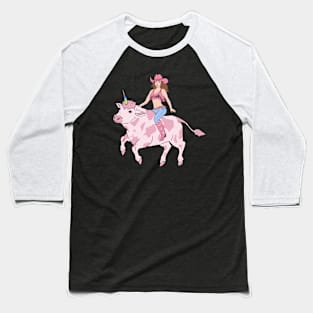 Cowgirl Riding Cow Unicorn Baseball T-Shirt